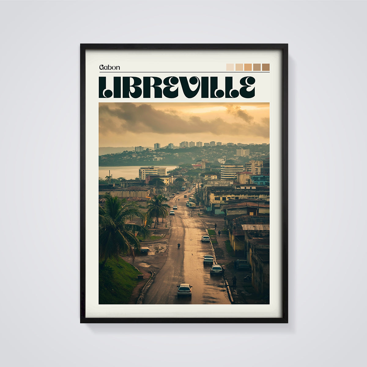 Libreville Gabon Cityscape Print framed in black on a grey background