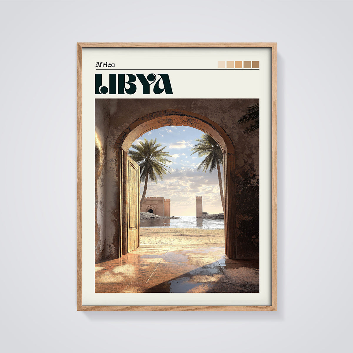 Libya Coastal Archway Print framed in oak on a grey background