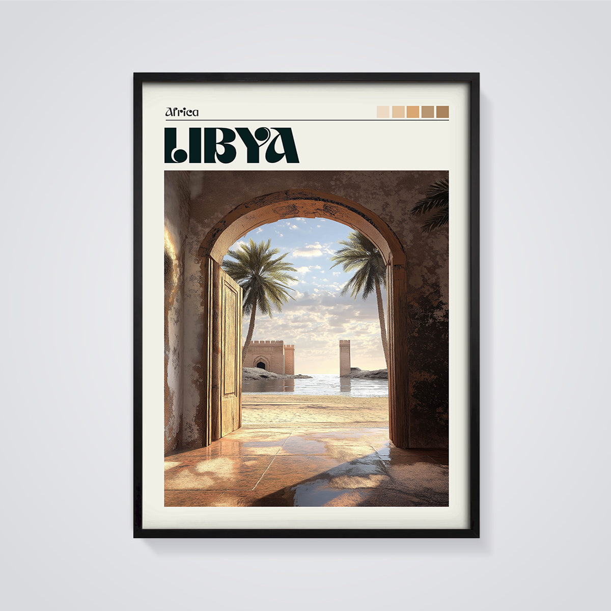 Libya Coastal Archway Print framed in black on a grey background
