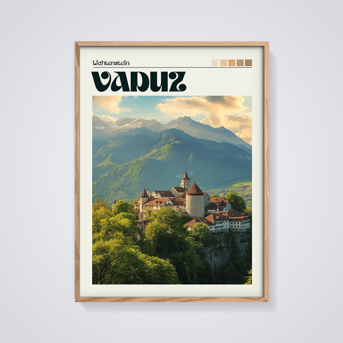 Liechtenstein Vaduz Castle Print framed in oak on a grey background