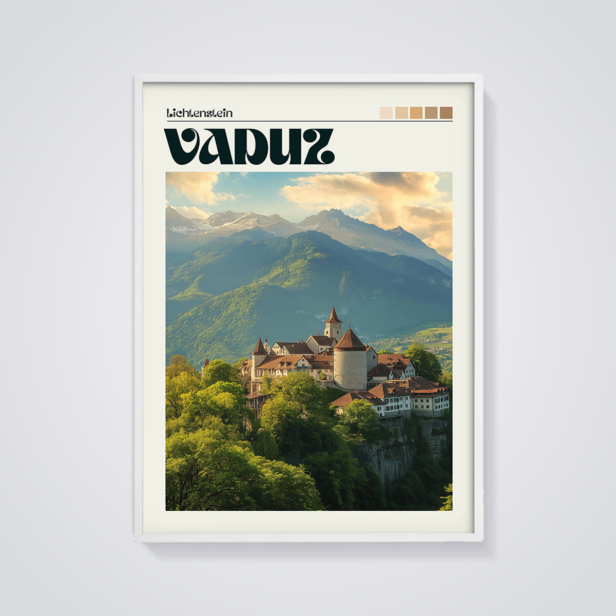 Liechtenstein Vaduz Castle Print framed in white on a grey background