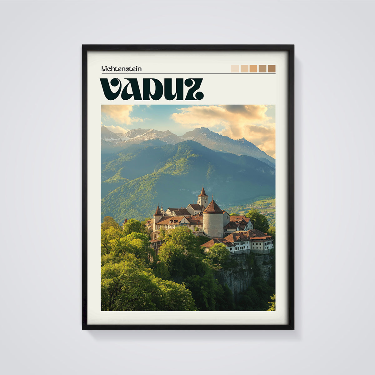 Liechtenstein Vaduz Castle Print framed in black on a grey background