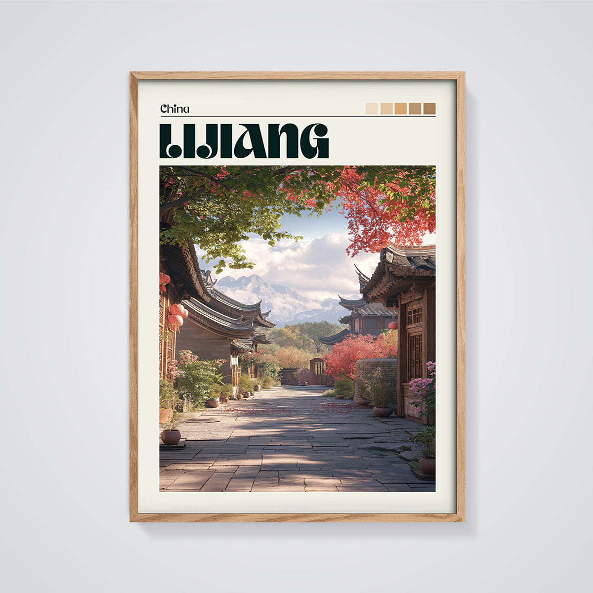 Lijiang Ancient Town Alley Print framed in oak on a grey background