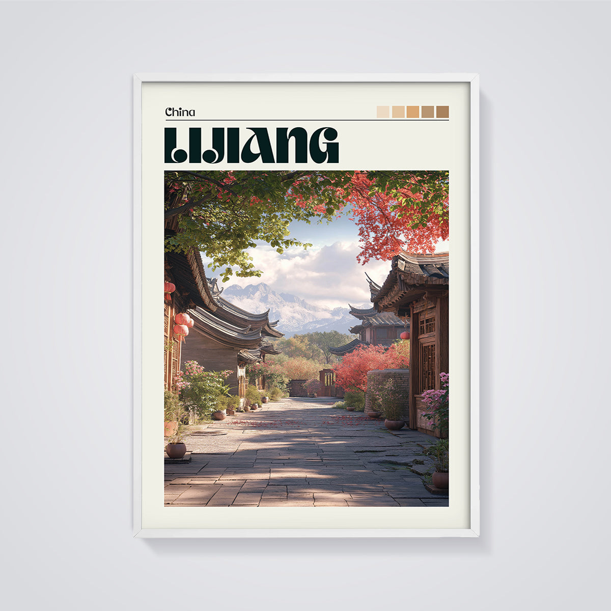 Lijiang Ancient Town Alley Print framed in white on a grey background
