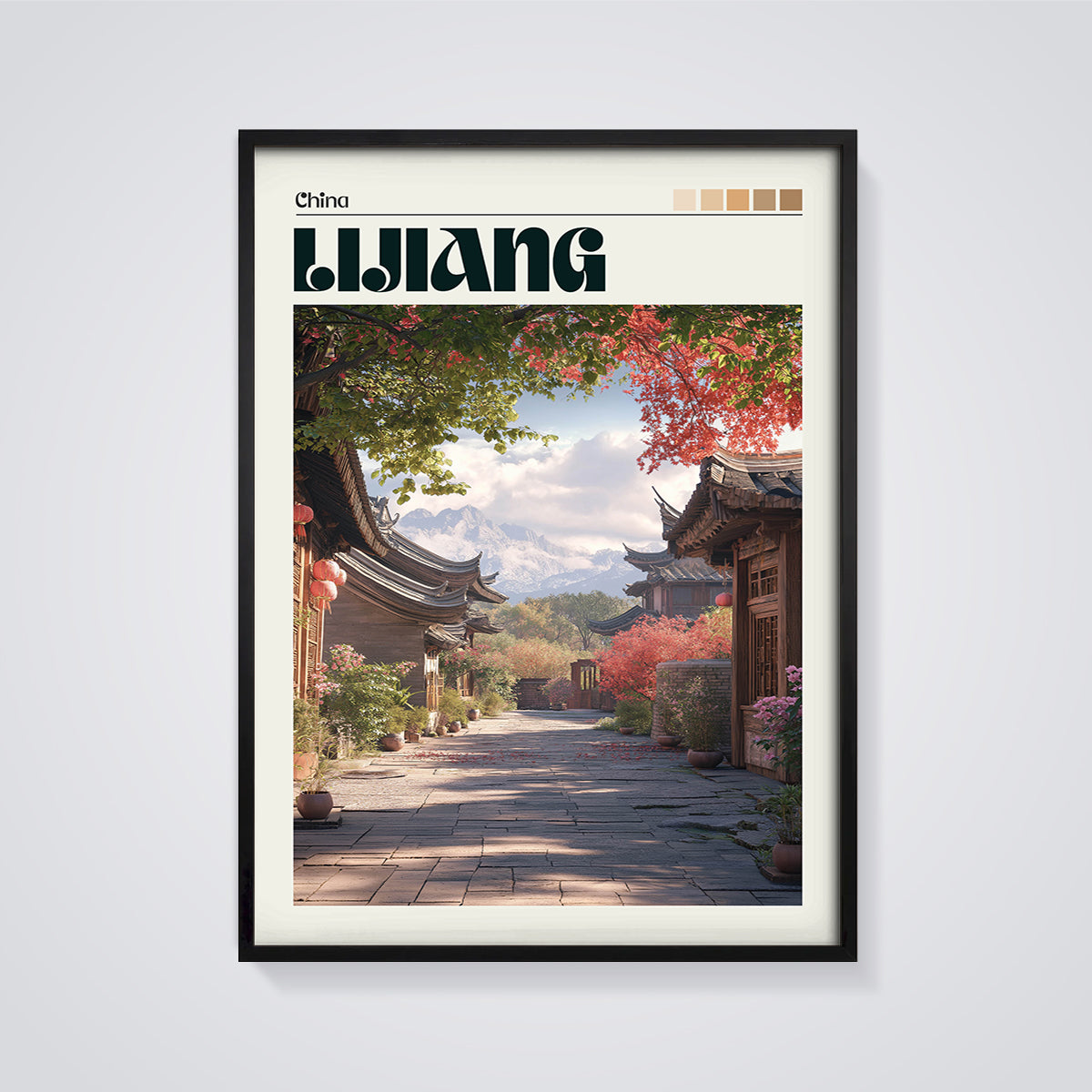 Lijiang Ancient Town Alley Print framed in black on a grey background