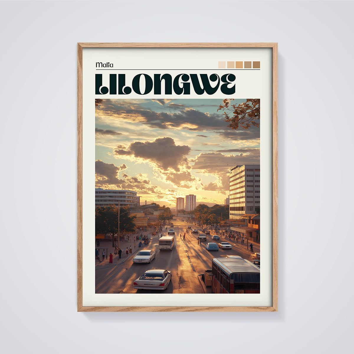 Lilongwe Sunset City Print framed in oak on a grey background