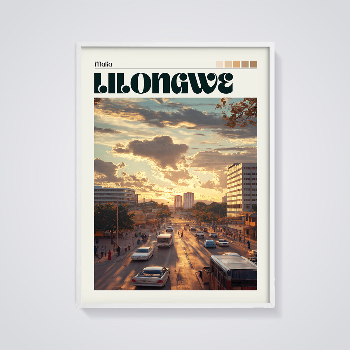 Lilongwe Sunset City Print framed in white on a grey background