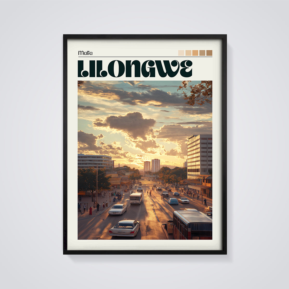 Lilongwe Sunset City Print framed in black on a grey background