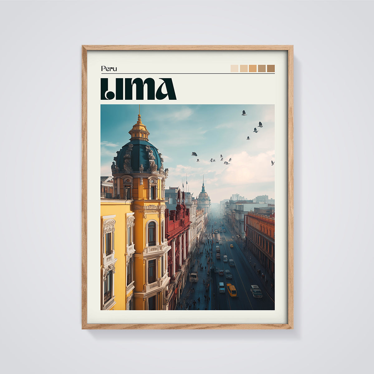 Lima Peru Street Scene Print framed in oak on a grey background
