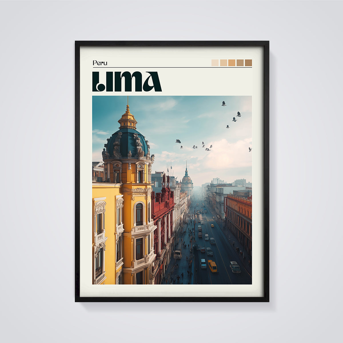 Lima Peru Street Scene Print framed in black on a grey background
