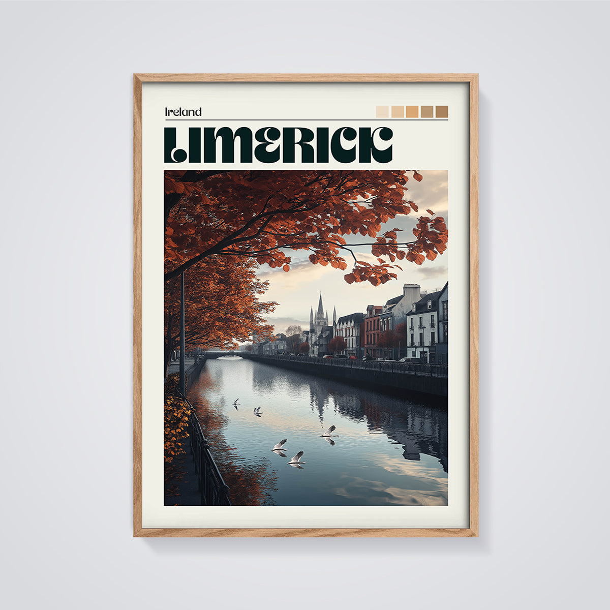 Limerick Autumn River City Print framed in oak on a grey background