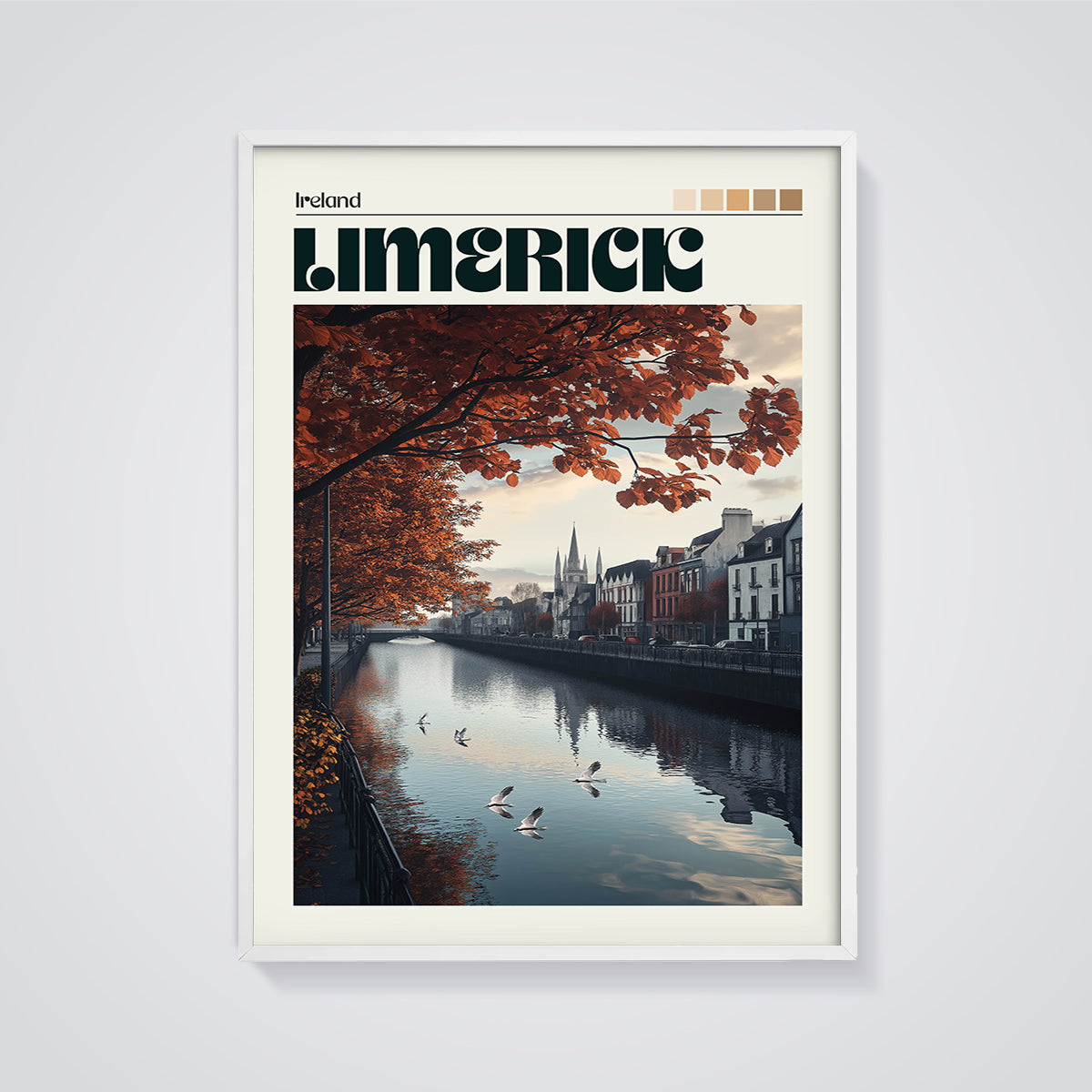 Limerick Autumn River City Print framed in white on a grey background