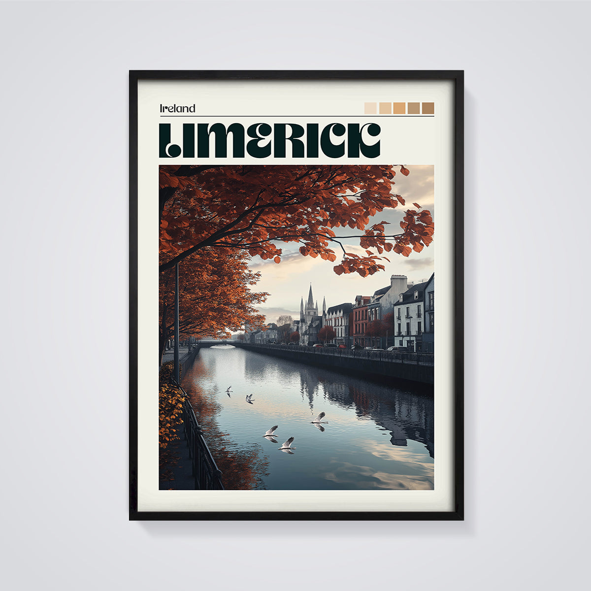 Limerick Autumn River City Print framed in black on a grey background