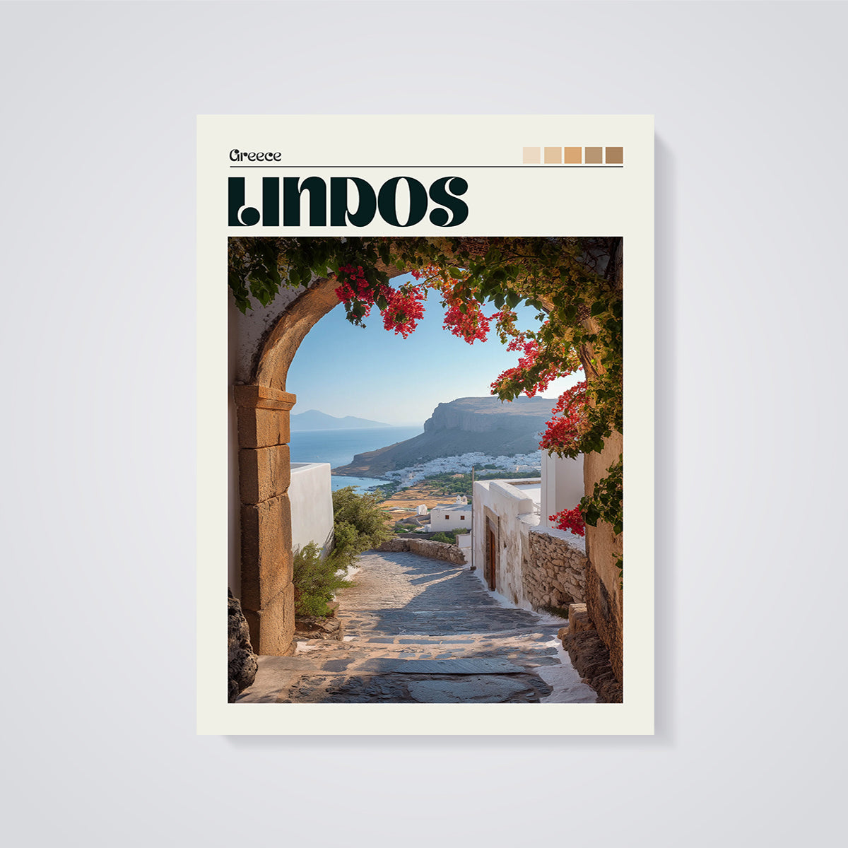 Lindos Bougainvillea Archway Print unframed on a grey background