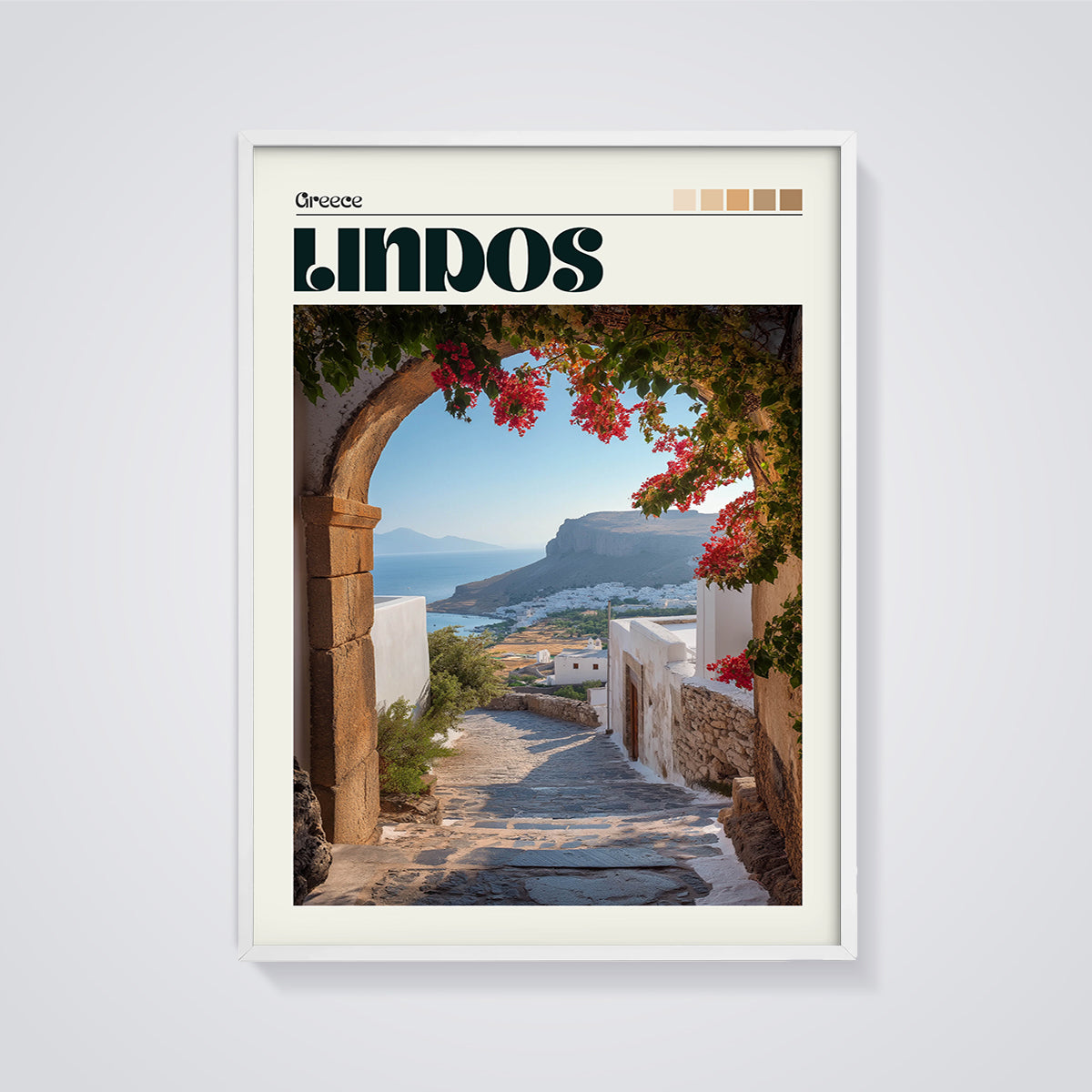 Lindos Bougainvillea Archway Print framed in white on a grey background