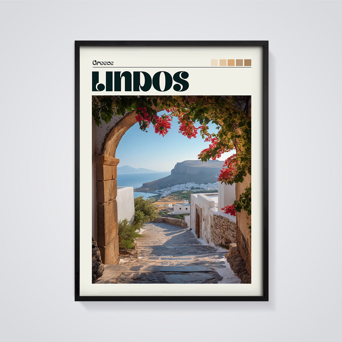 Lindos Bougainvillea Archway Print framed in black on a grey background