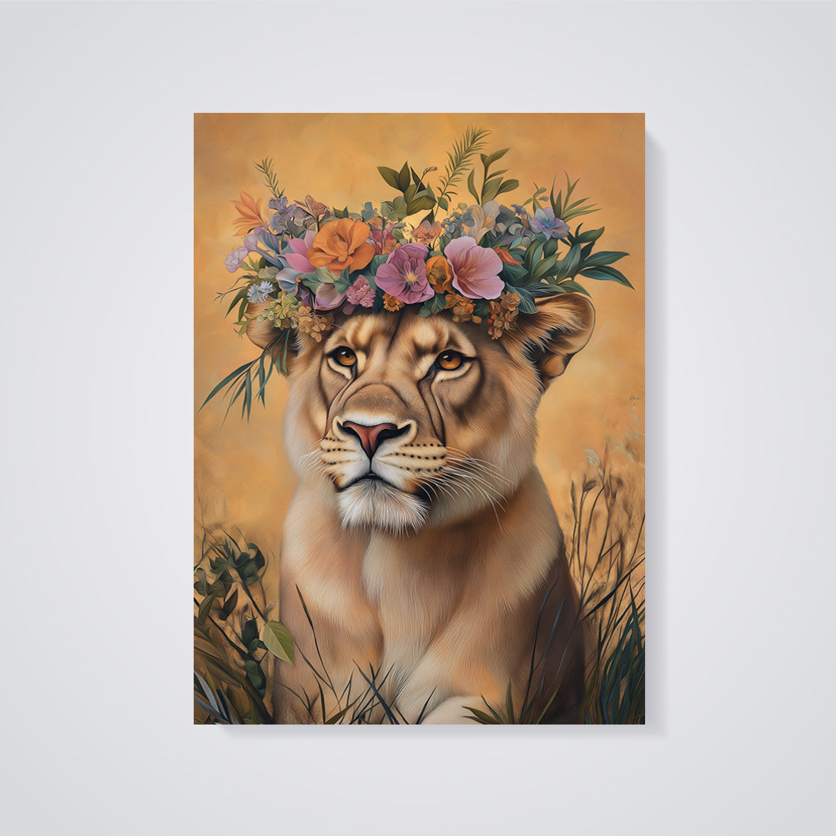 Lioness Floral Crown Print unframed on a grey background