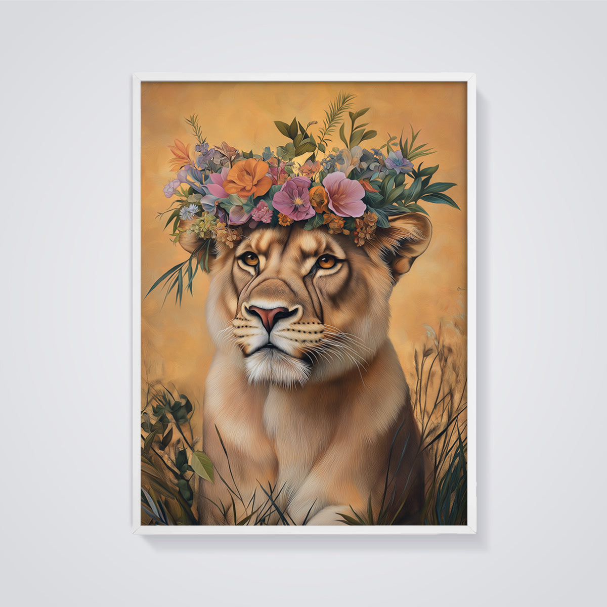 Lioness Floral Crown Print framed in white on a grey background
