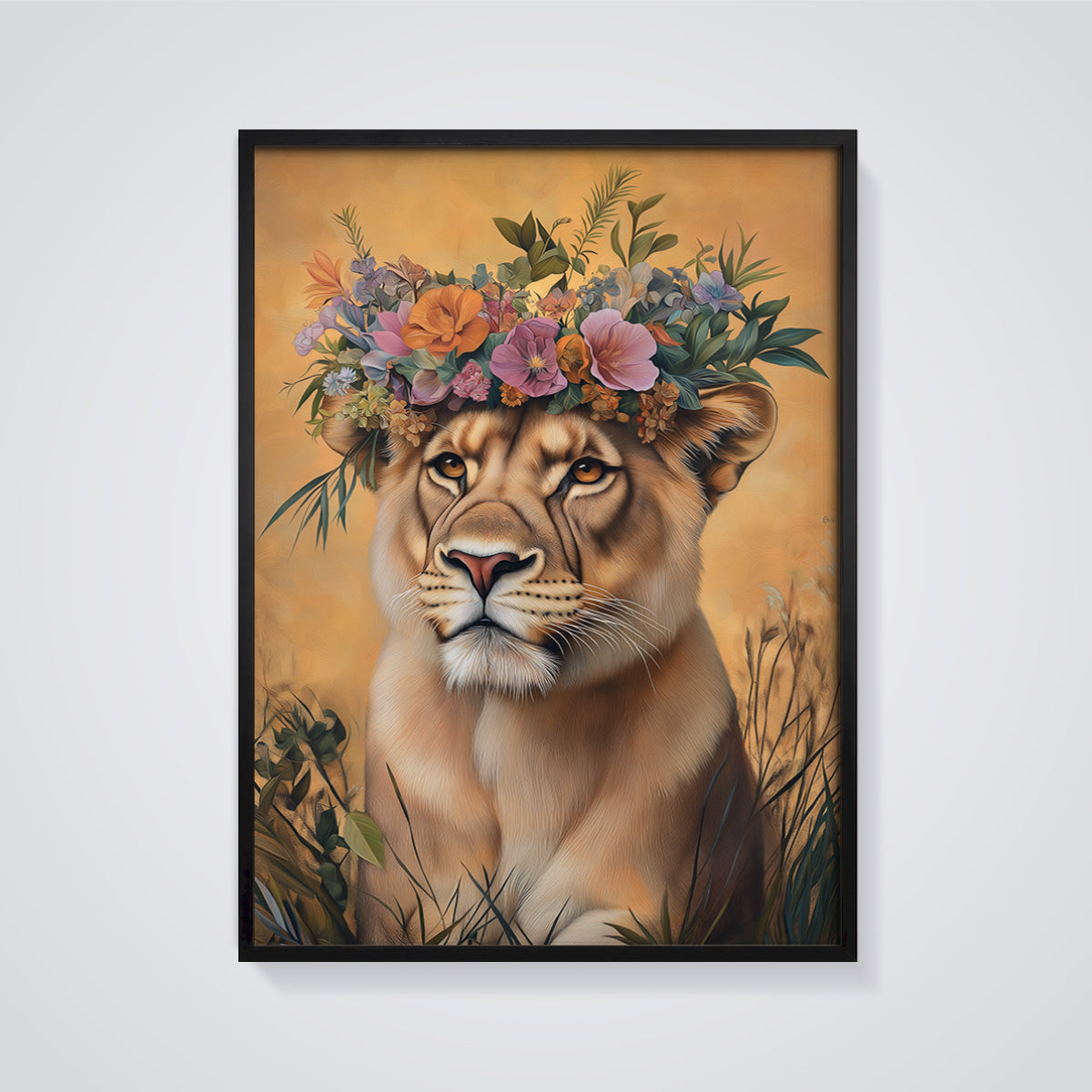 Lioness Floral Crown Print framed in black on a grey background