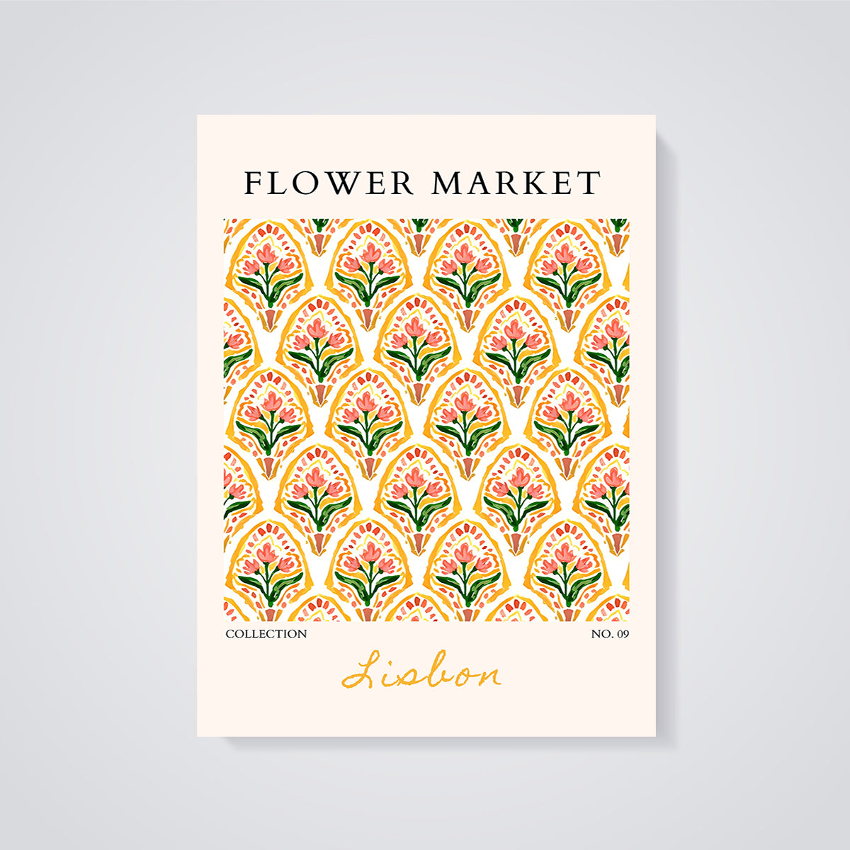 Lisbon Flower Market Pattern Print unframed on a grey background