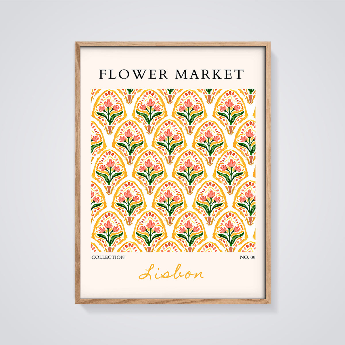 Lisbon Flower Market Pattern Print framed in oak on a grey background
