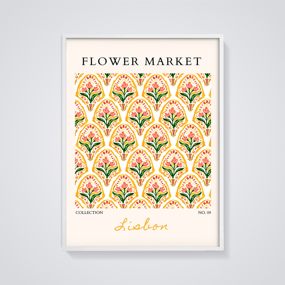 Lisbon Flower Market Pattern Print framed in white on a grey background