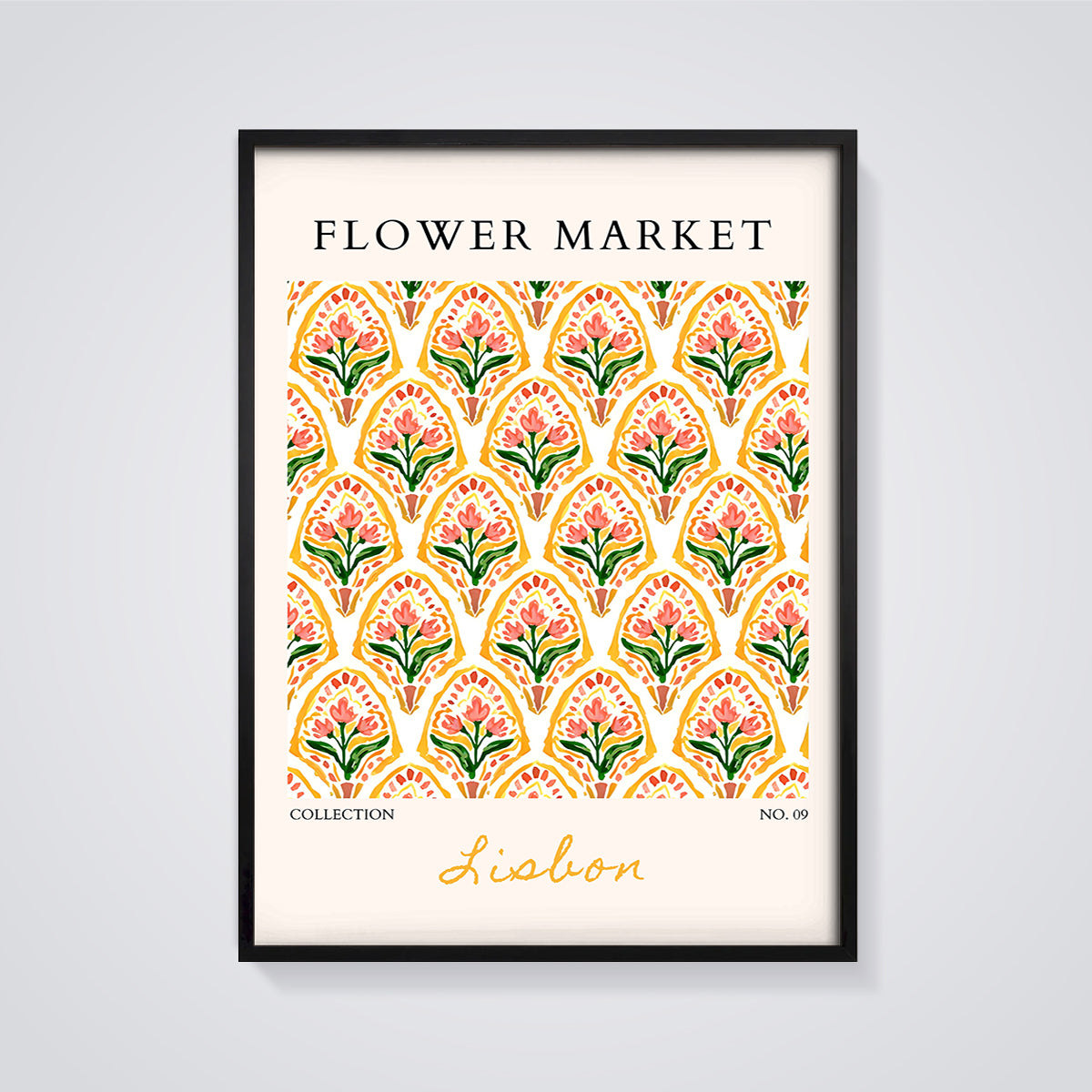 Lisbon Flower Market Pattern Print framed in black on a grey background