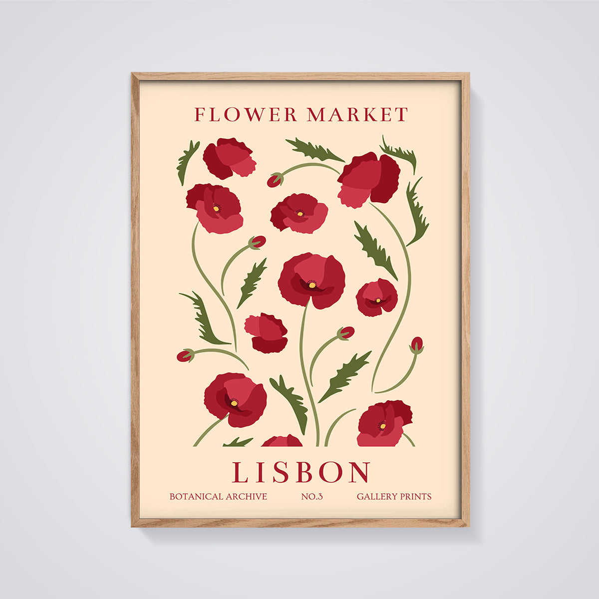 Lisbon Flower Market Poppies Print framed in oak on a grey background
