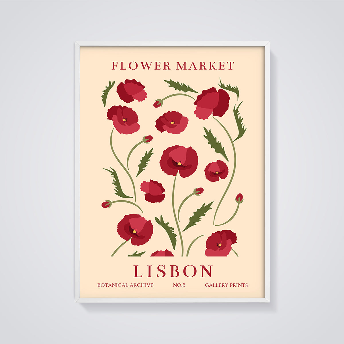 Lisbon Flower Market Poppies Print framed in white on a grey background