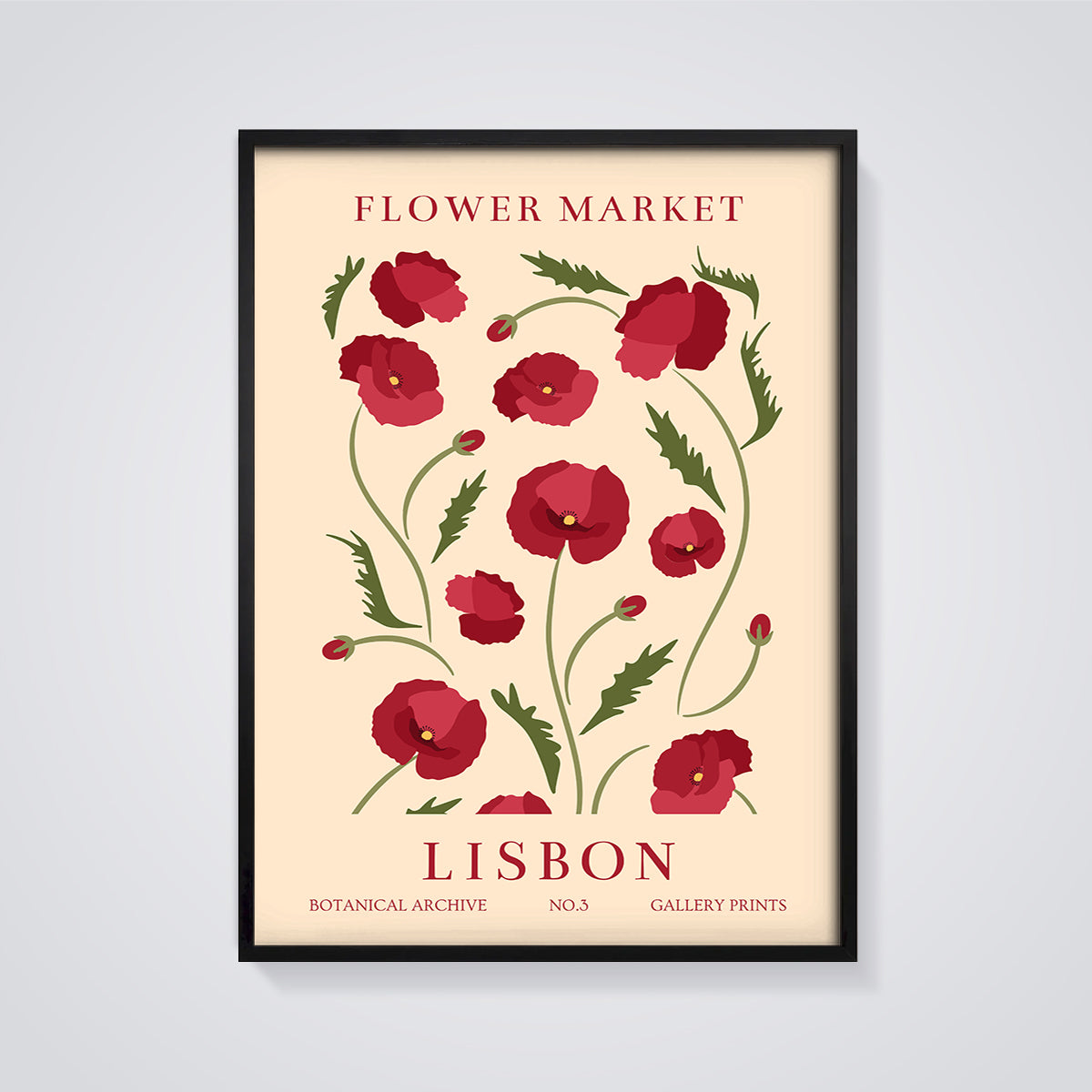 Lisbon Flower Market Poppies Print framed in black on a grey background