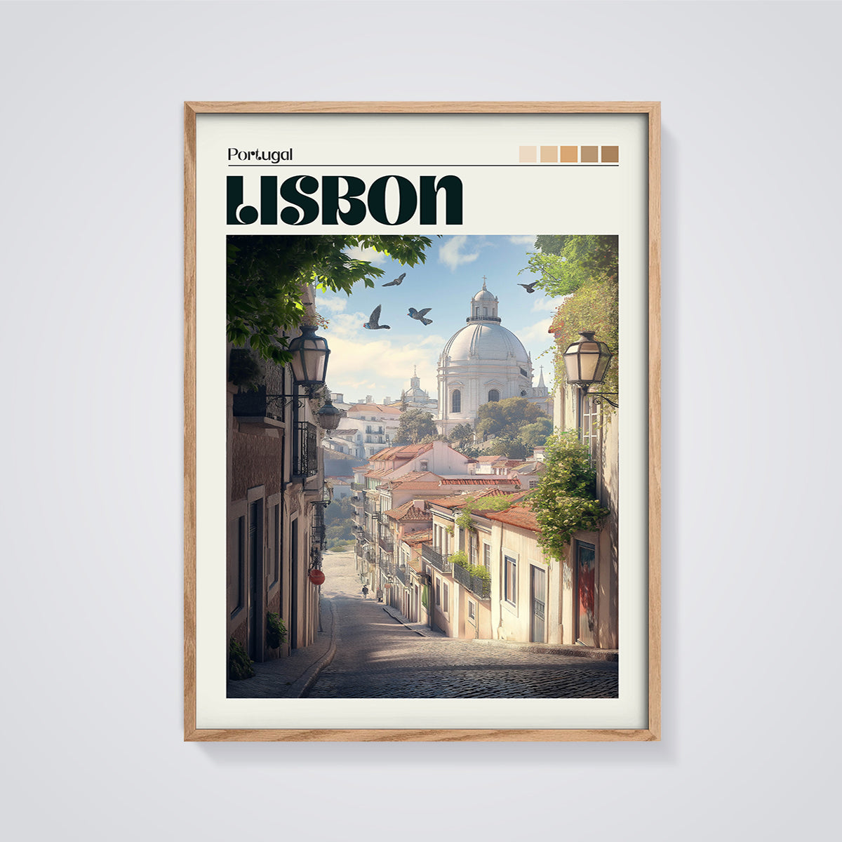Lisbon Portugal Travel Print framed in oak on a grey background