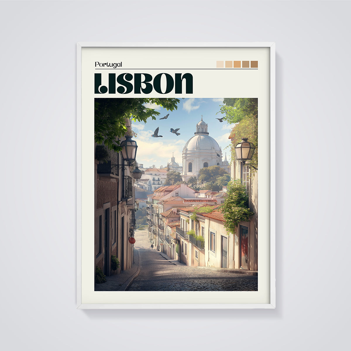 Lisbon Portugal Travel Print framed in white on a grey background