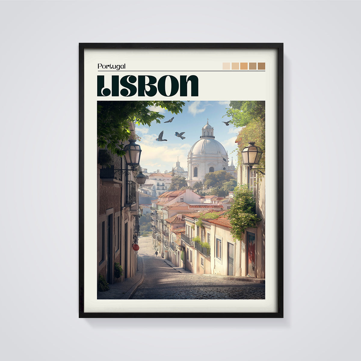 Lisbon Portugal Travel Print framed in black on a grey background