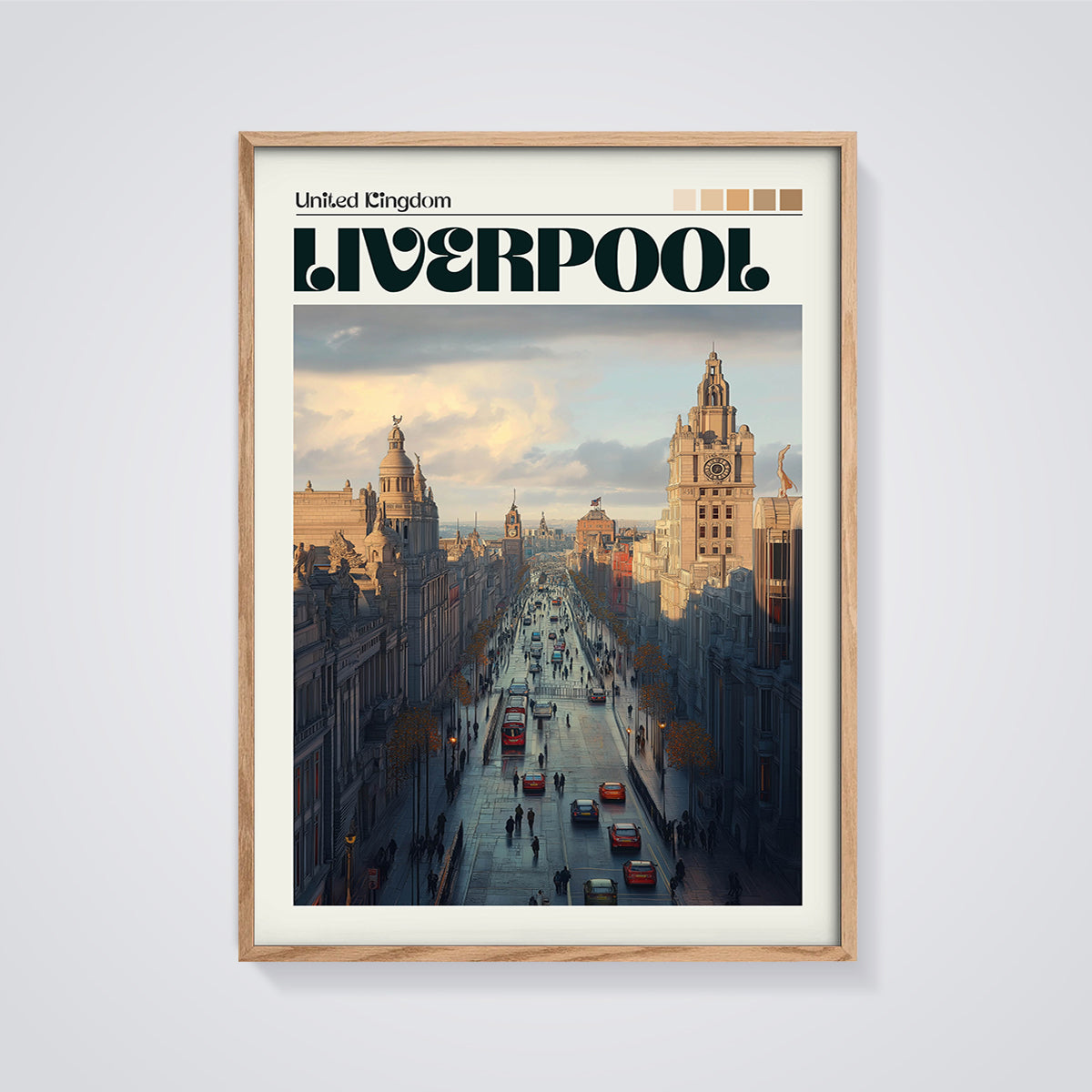 Liverpool City View Print framed in oak on a grey background