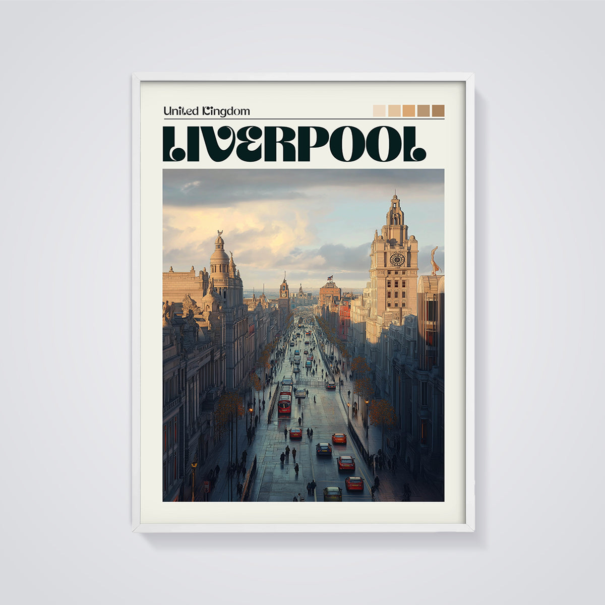 Liverpool City View Print framed in white on a grey background