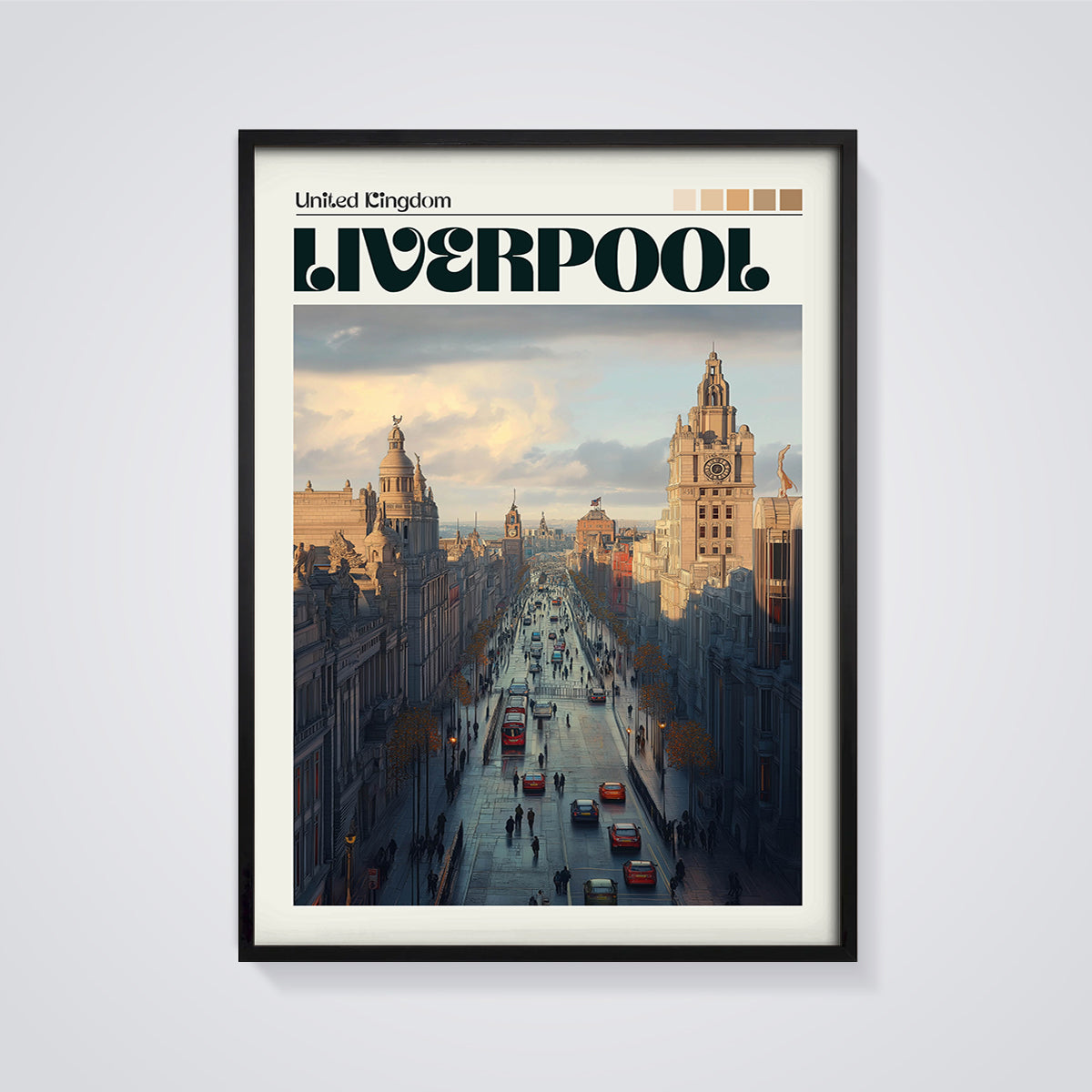 Liverpool City View Print framed in black on a grey background