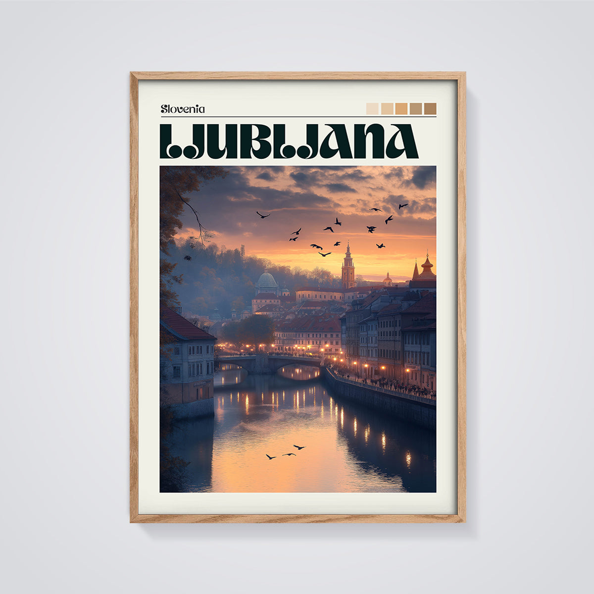 Ljubljana Slovenia Sunset City Print framed in oak on a grey background