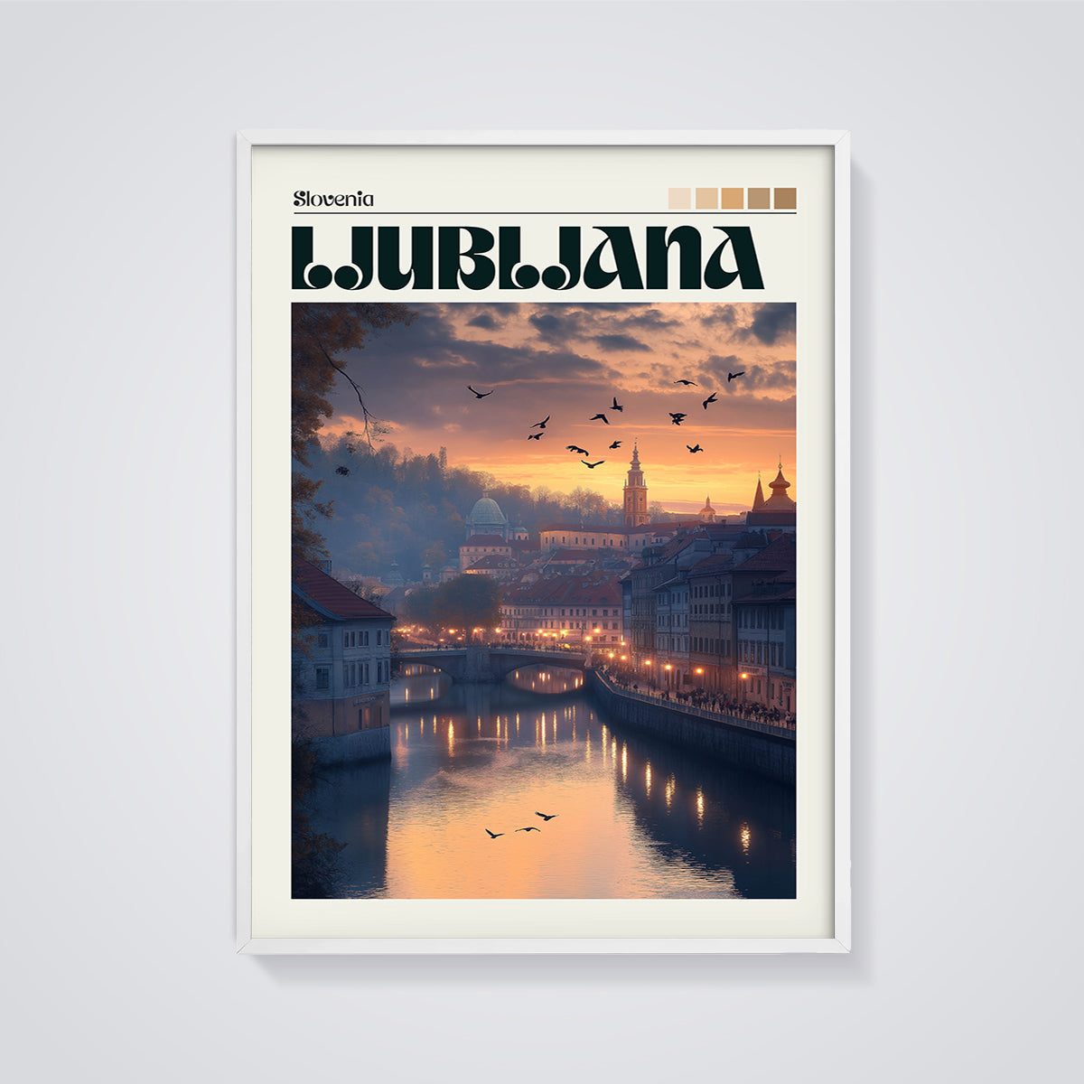 Ljubljana Slovenia Sunset City Print framed in white on a grey background