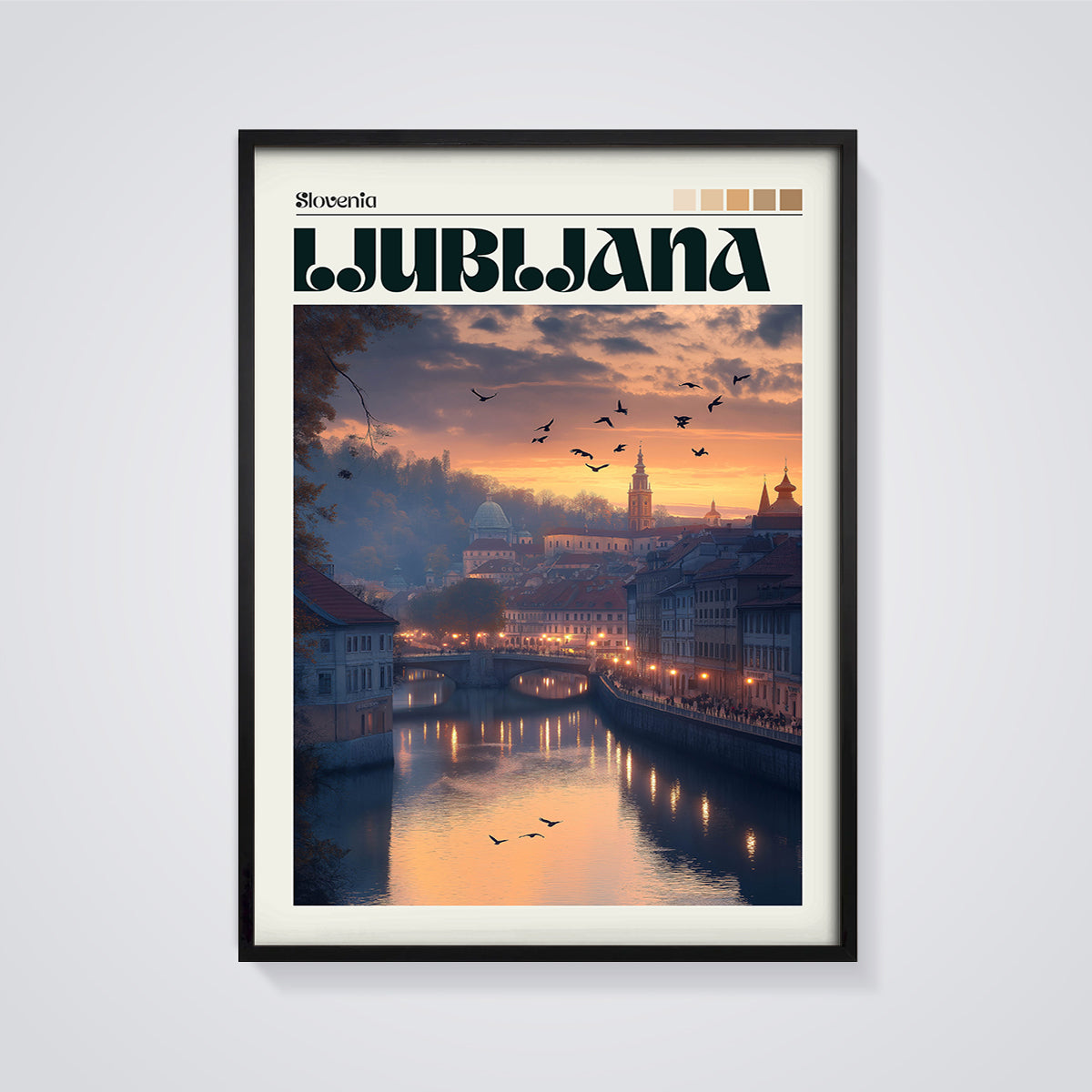 Ljubljana Slovenia Sunset City Print framed in black on a grey background