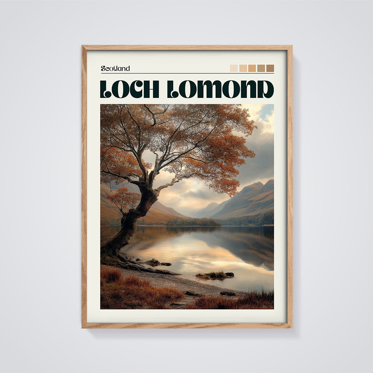 Loch Lomond Autumn Lake Print framed in oak on a grey background