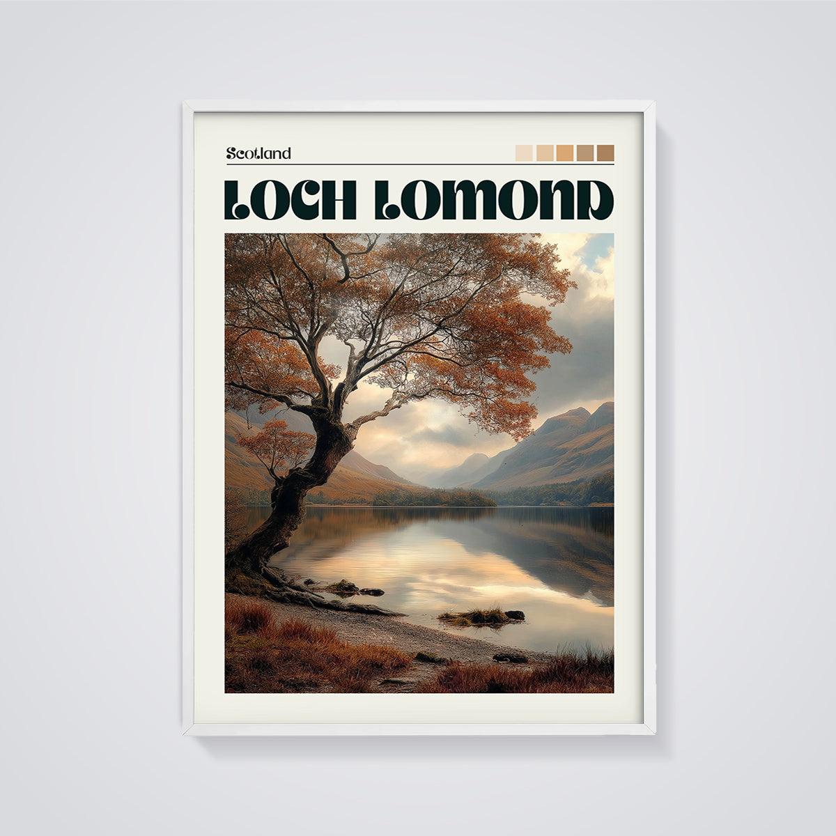 Loch Lomond Autumn Lake Print framed in white on a grey background