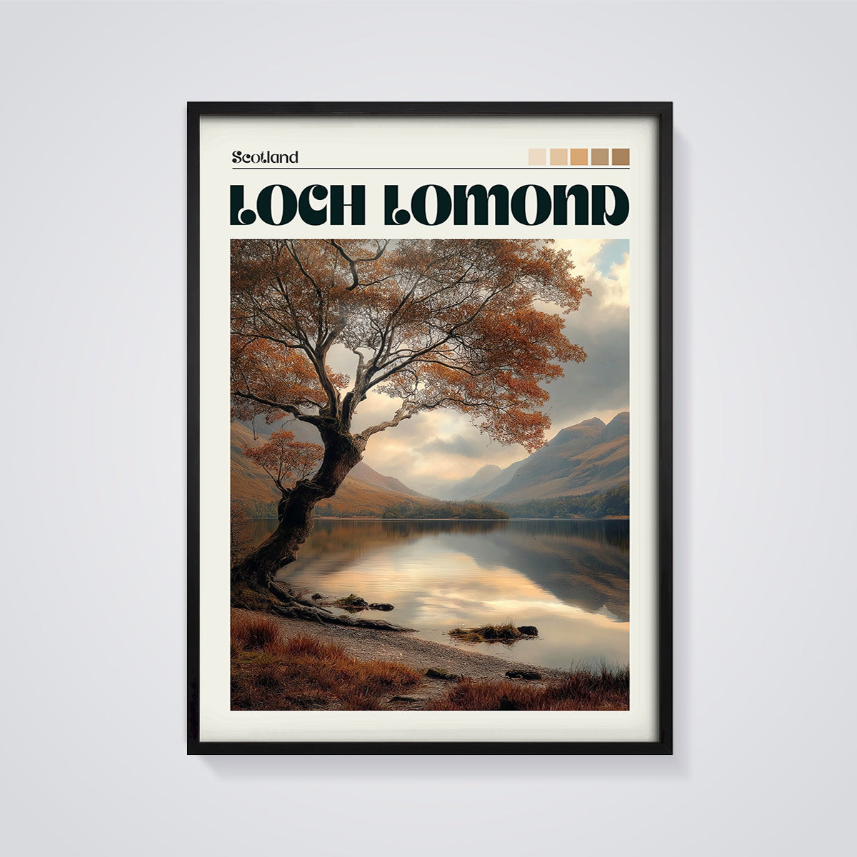 Loch Lomond Autumn Lake Print framed in black on a grey background