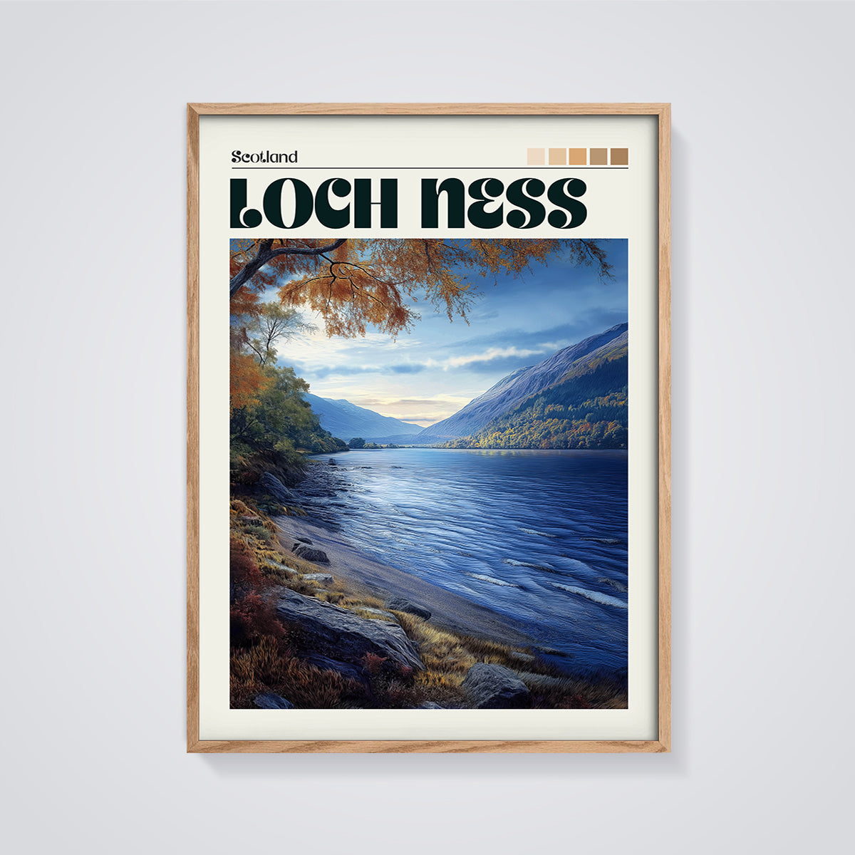Loch Ness Scotland Landscape Print framed in oak on a grey background