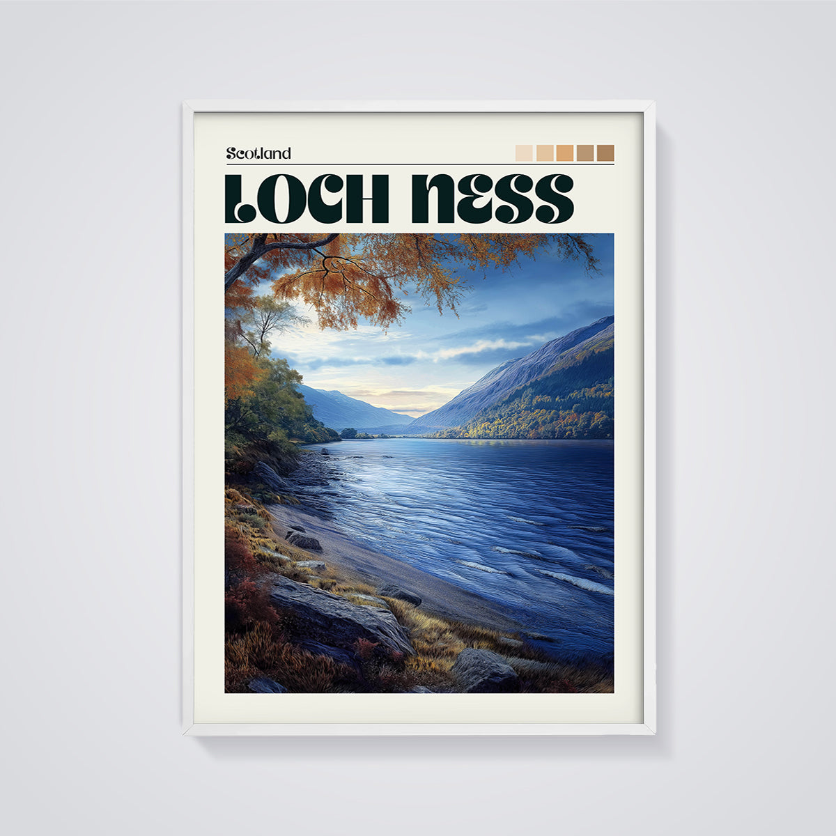 Loch Ness Scotland Landscape Print framed in white on a grey background