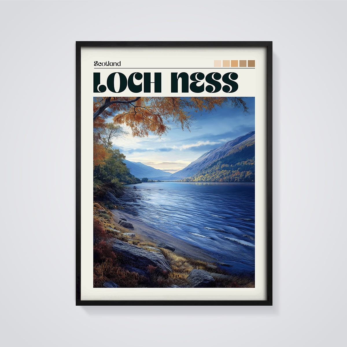 Loch Ness Scotland Landscape Print framed in black on a grey background