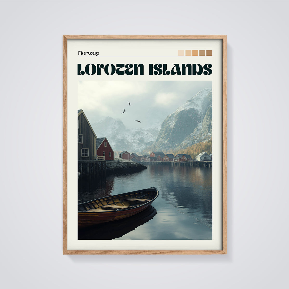 Lofoten Islands Norway Print framed in oak on a grey background