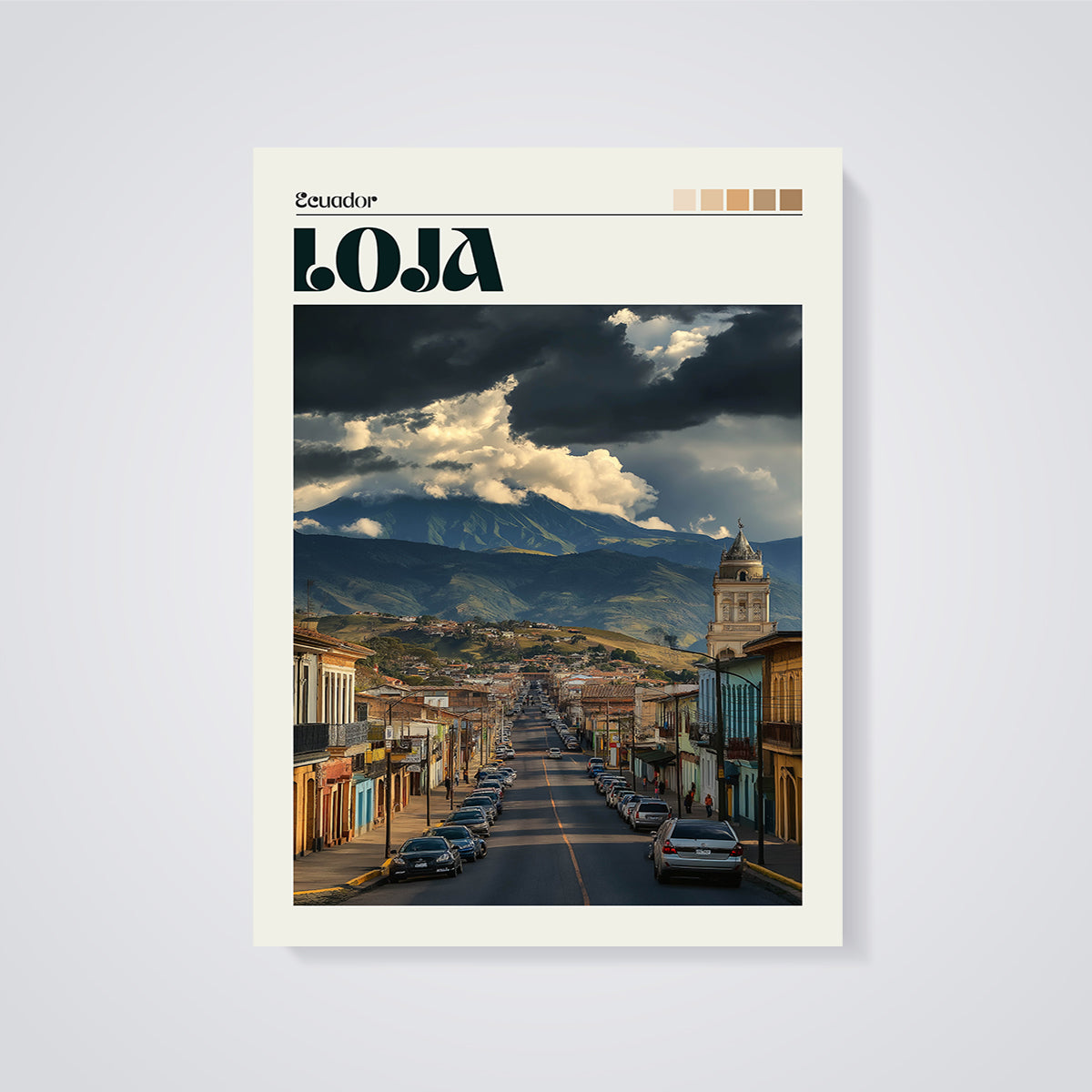 Loja Ecuador City and Mountain Print unframed on a grey background