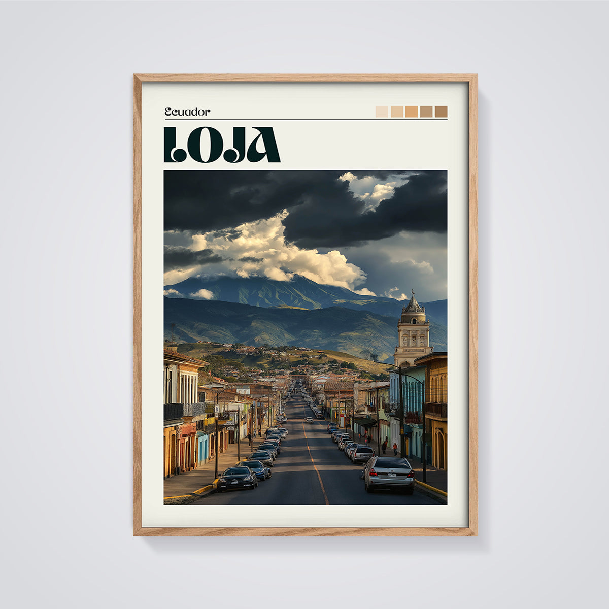 Loja Ecuador City and Mountain Print framed in oak on a grey background