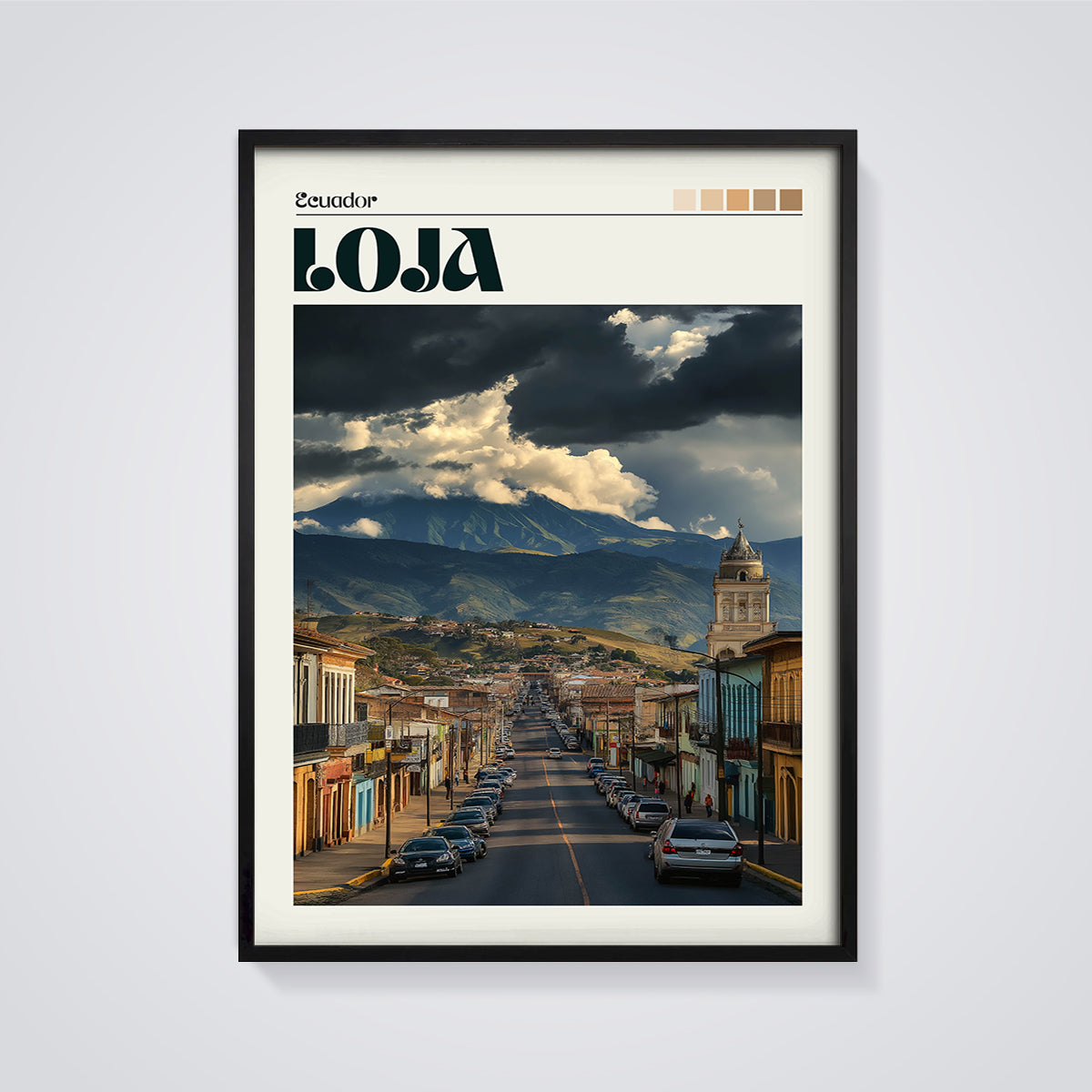 Loja Ecuador City and Mountain Print framed in black on a grey background