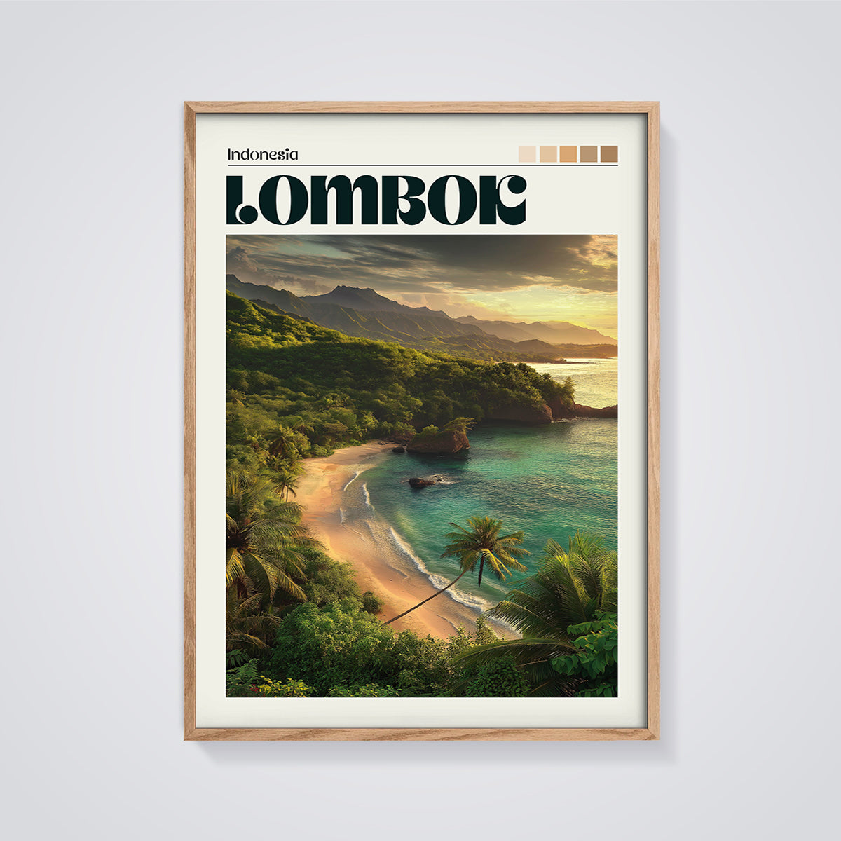 Lombok Sunset Beach Print framed in oak on a grey background